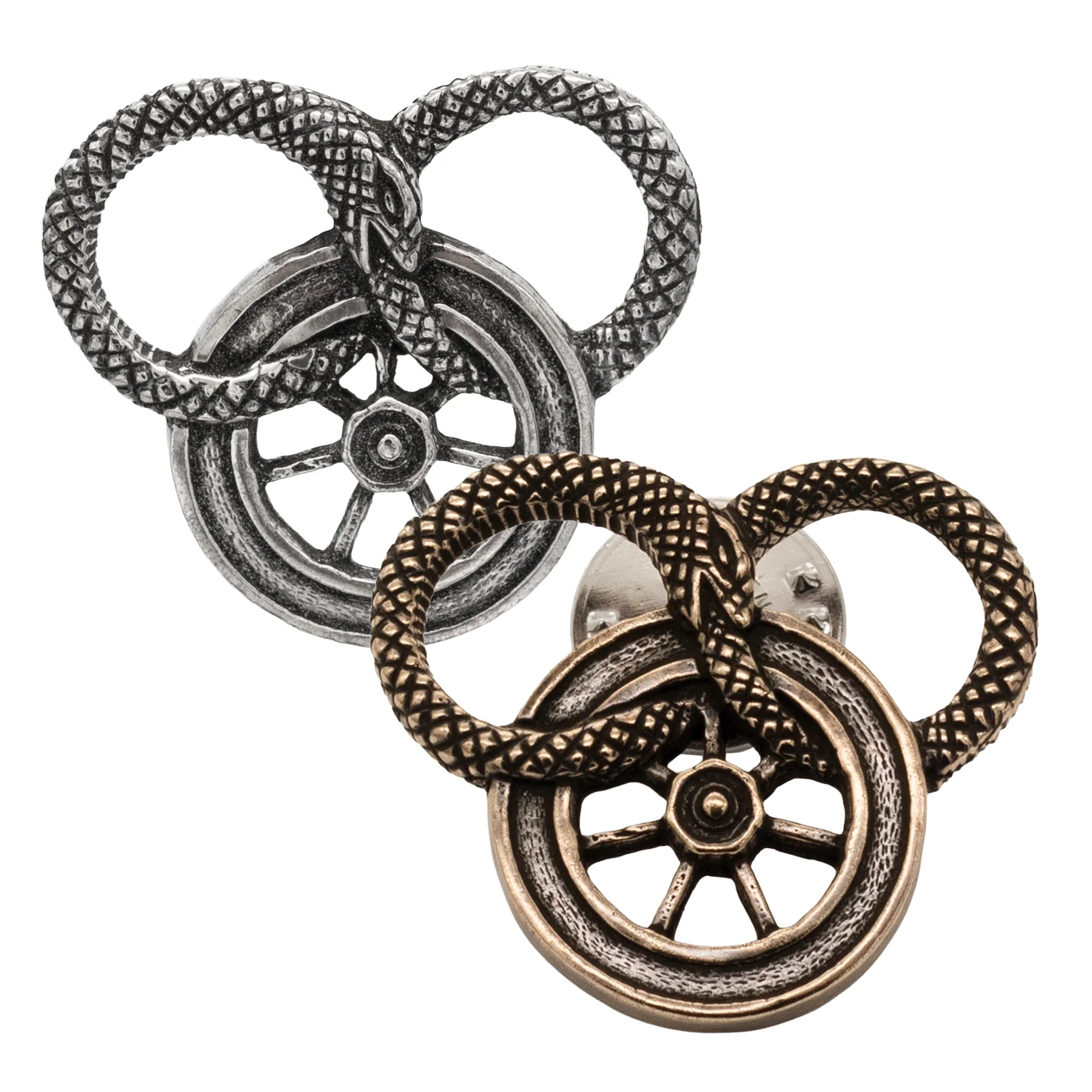 Snake and Wheel Lapel Pin - Sterling Silver or Bronze